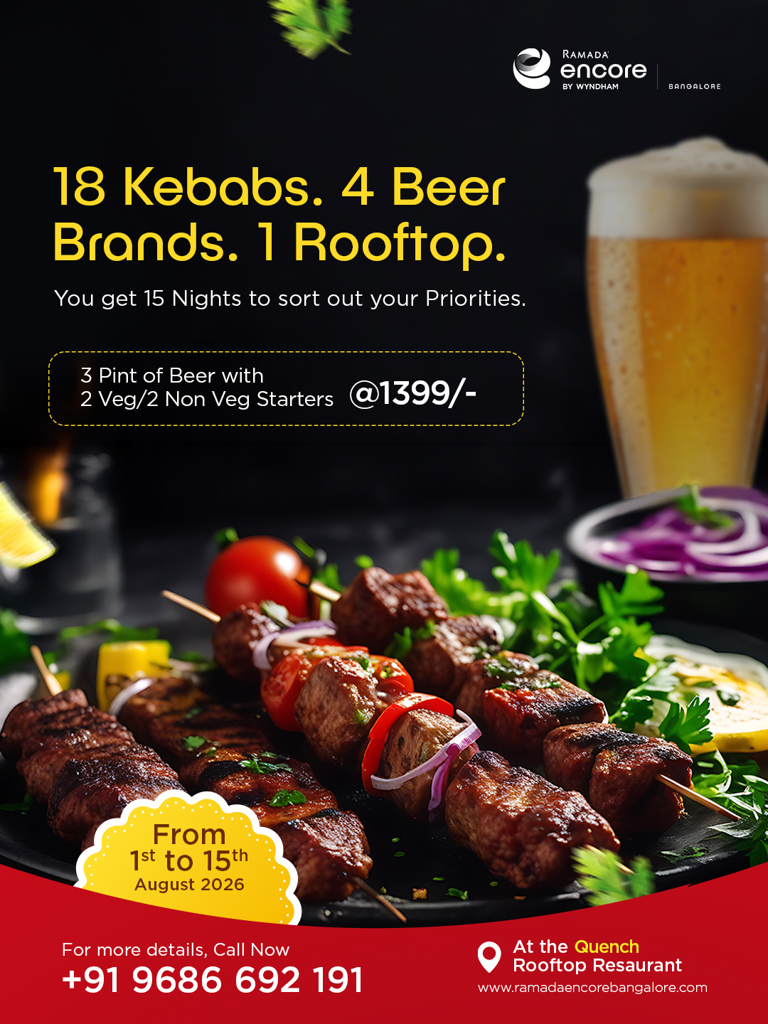 kebab beer offer Bangalore at Quench Rooftop Lounge next to EGL Domlur